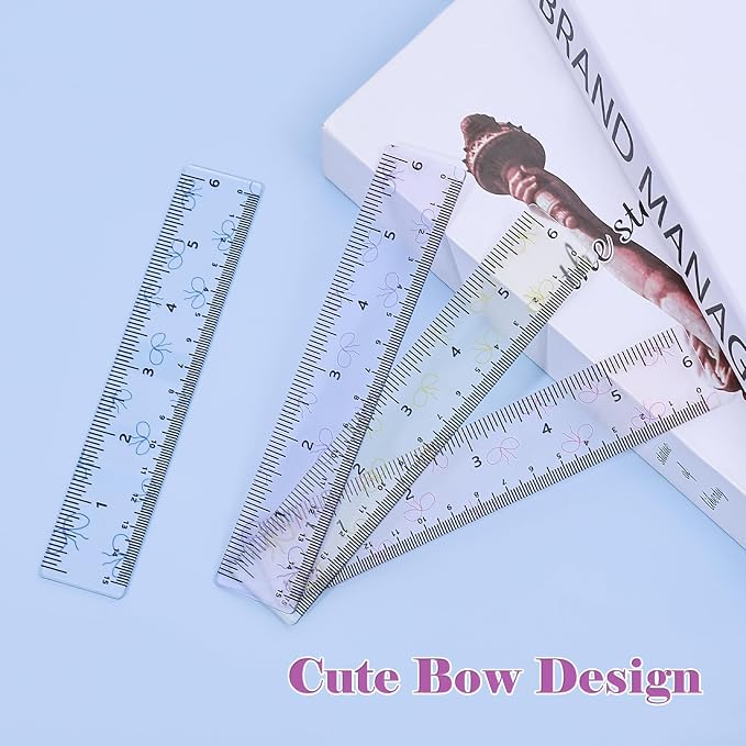 BAYTORY 4Pcs Transparent Acrylic Small Ruler 6 Inch, Straight Mini Rulers | Shatterproof Student Stationery Centimeters with Inches, for Classroom Essentials School Supplies (Bowknot 6 Inch)