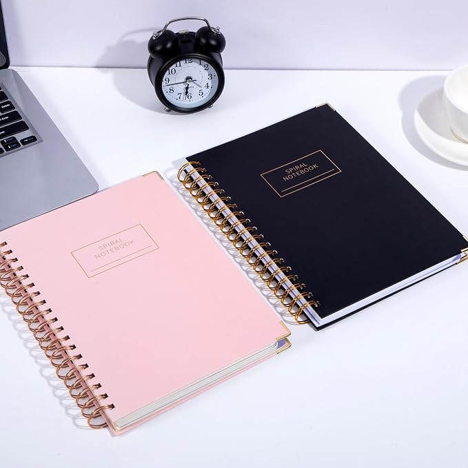 Yoment 2 Pack 5 Subject Notebook College Ruled, Hardcover Spiral Notebooks for Work School, B5 Multi Subject Notebook with Tabs Dividers, 240 Pages Lined Journal for Women Men, Pink&Black