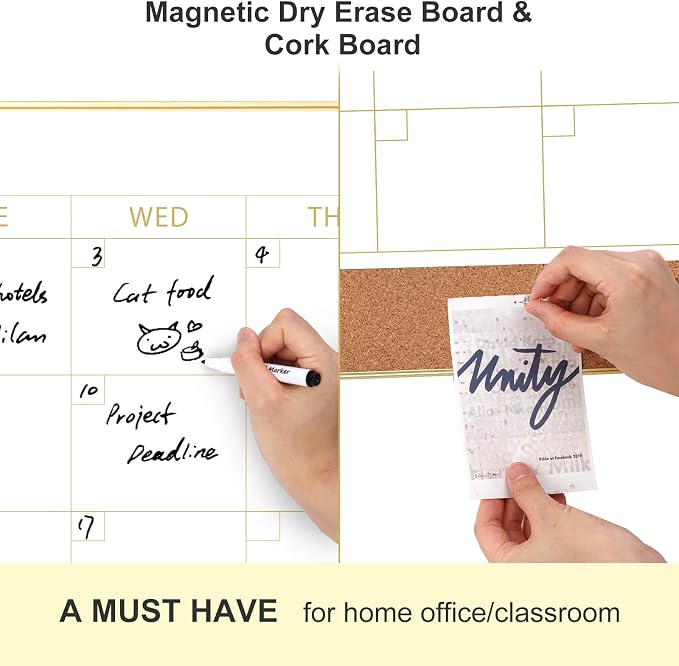 ARCOBIS Dry Erase Calendar Whiteboard Cork Board Combo, 36"x24" Magnetic White Board Calendar Dry Erase for Wall, Gold Frame Monthly Combination Board for Office, Home, School