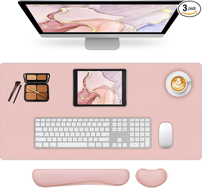 Desk Pad Mat Set,3-in-1 Large Mouse Pads with Wrist Rest and Keyboard Pad, Pink Desk Mats for Keyboards and Mouses, Ergonomic Keyboard and Mouse Mat Set for Office Home Decor, 35.4" x 16.9"