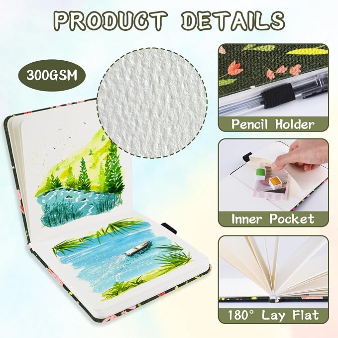 5x5 Handy Portable Handmade Cloth Fabric Hardcover Sewing Binding Travel Watercolor Paper 140LB/300gsm 20Sheets/40Pages Journal Mixed Media Pad Sketchbook. Spring Rabbit