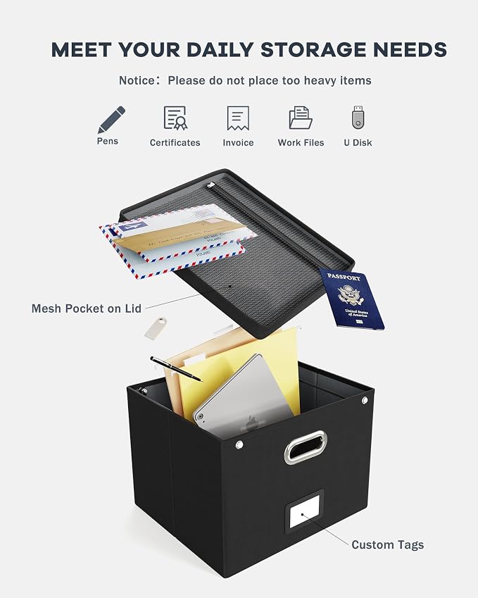 Oterri File Organizer Box with Lid,Large Hanging Filing Box with Mesh Pocket, Document c for Letter Files, Portable Storage Case with Smooth Sliding Rail for Office&Home (1 PCS, Black)
