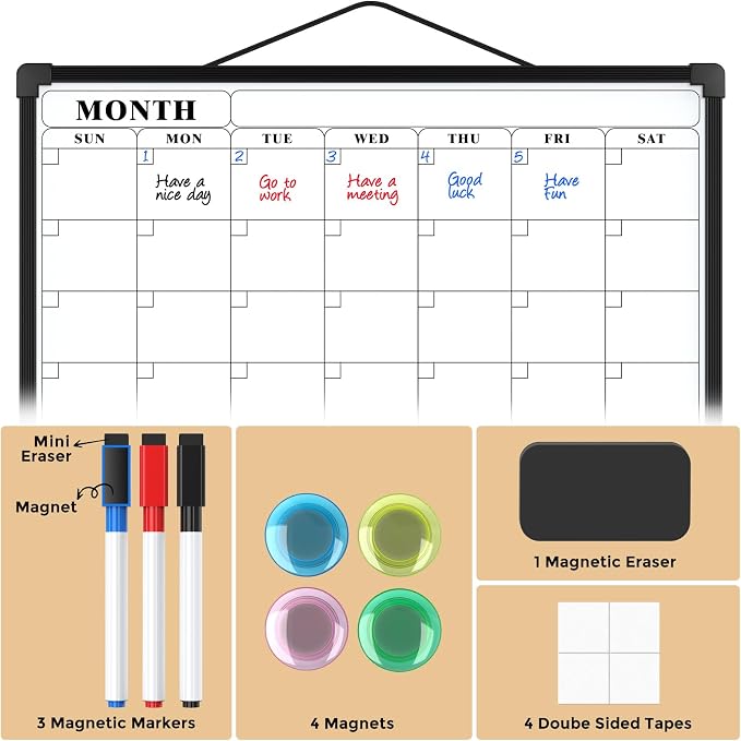 MaxGear Monthly Calendar Dry Erase Board for Wall, 16"x12", Black Frame | Double-Sided, Hanging Small White Board, Portable Whiteboard for Planning, Drawing, Memo, to Do List, Home, Kitchen, Office