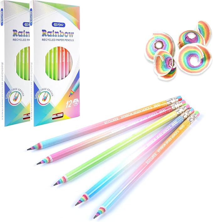 ECOTREE Pre-sharpened Pencils #2 Eco Rainbow Paper Pencil Cute Pencil for Kids Number 2 Pencils with Erasers for School, Writing, 24 Count