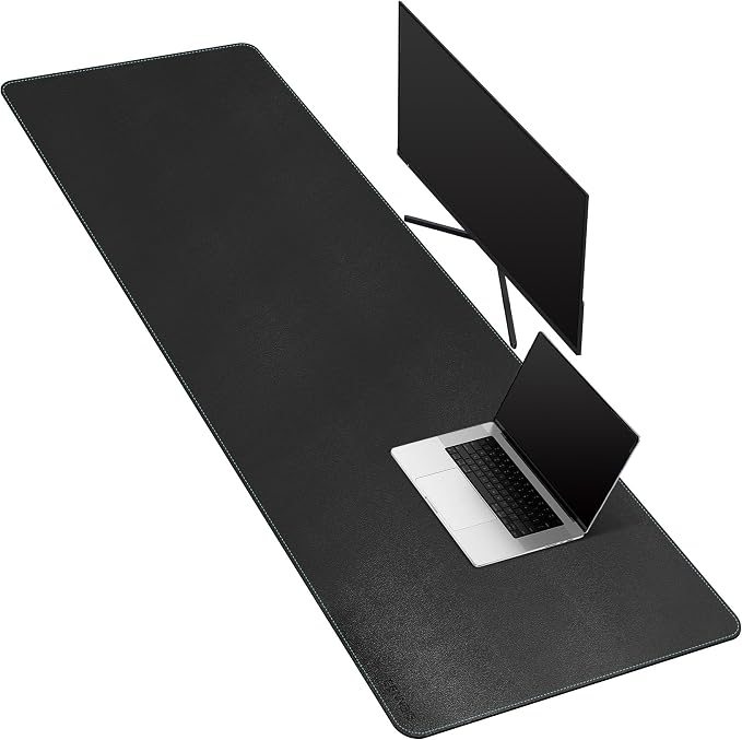CENNBIE Leather Desk Mat Large, 63" x 19.6" Desk Pad Protector(Black) | Premium stitched edges resist wear. Easy to clean. Protects desk from spills, stains ,scratches. Smooth glide. Office & home.