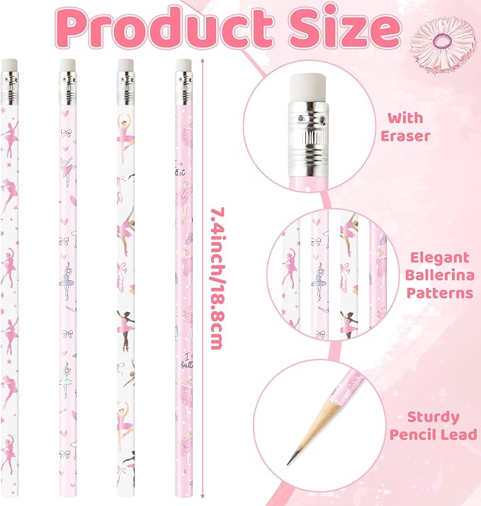 Xqumoi 60Pcs Dance Ballet Pencils with Eraser - Ballerina Theme #2 HB Pencils, School Classroom Student Rewards Back to School Office Supply Party Goodie Bag Fillers Stuffers Birthday Party Favors