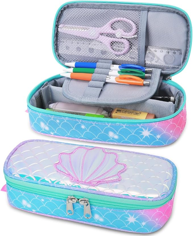 RHCPFOVR Kids Pencil Case for Girls-Soft Zipper Large Capacity Pencil Pouch for Girls Pencil Case for School Pencil Bag for Toddler (Blue Mermaid Scale)