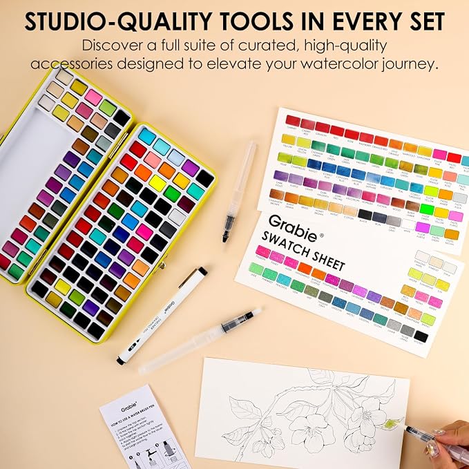 Grabie 100 Colors Premium All-In-One Watercolor Paint Set - 50 Essential, 35 Metallic, 10 Pastels, 5 Neon Hues - Portable Case, Brush Pens, Paper Pad, Waterproof Fineliner Pen, Beginner & Professional, Set of 100
