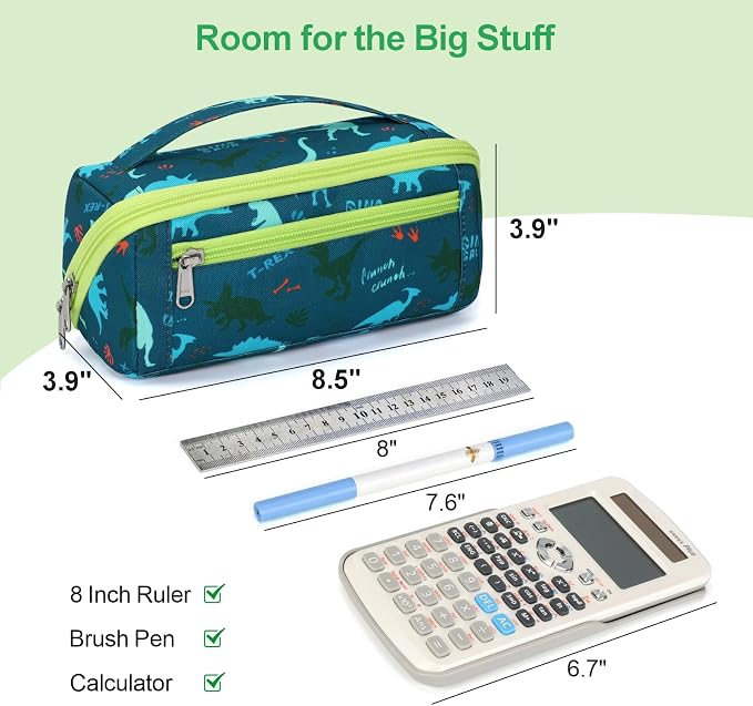 Large Pencil Case for Boys - Aesthetic Pencil Pouch for School | Kids Pencil Case & Wide Handle, Water Resistent Organizer Box, Fits 50 Pens & Markers, Daily Use, Green Dinasour