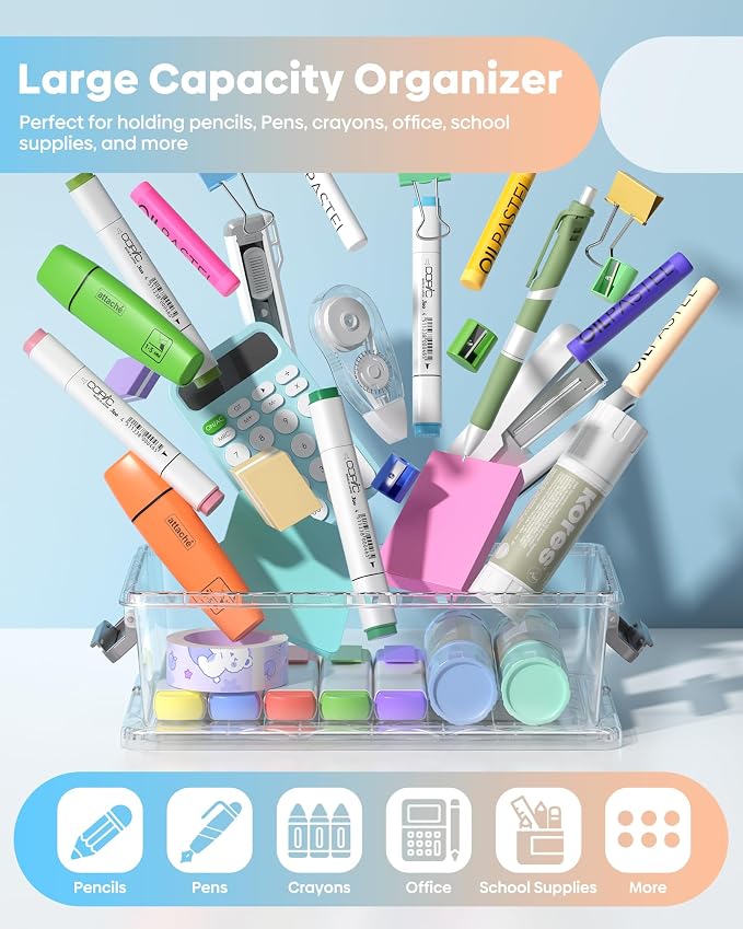 BiuLeon 8 Pack Large Pencil Box Set, Plastic Clear Pencil Case Marker Organizer, Crayon Box Craft Organizers, Stackable Storage Containers with Lid for Pen, Art and Craft Supplies(Grey)
