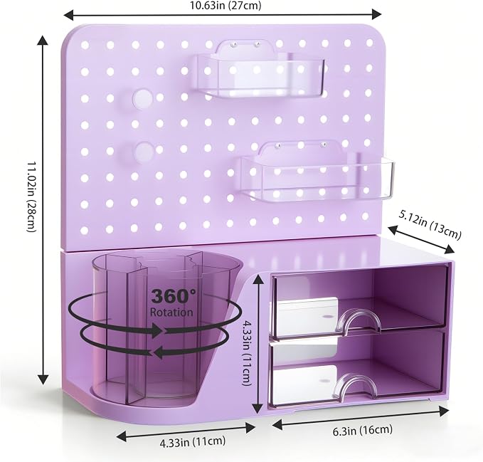 Comix Desk Organizer with Drawer, 360° Rotating Pen Holder for Desk, Pen Organizer with 5 Slots Pencil Holder+Pegboard+2 Drawer for Office Home Art Supplies (Purple)
