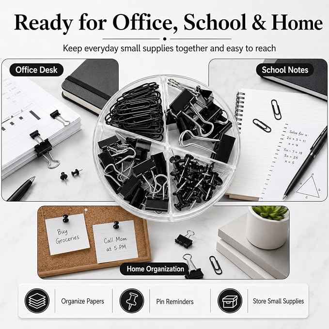 Paper Clips and Binder Clips Set, Metal Assorted Sized Binders with Push Pins, Black Office Supplies for Desk, Durable Desk Accessories