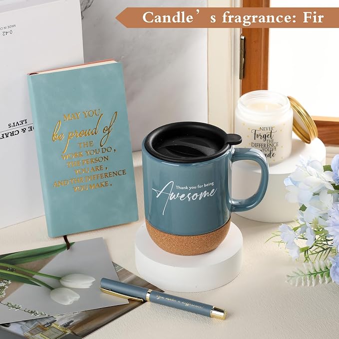 Sayglossy 4 Pcs Thank You Gifts Set for Men Back to School Teacher Appreciation Gift Leather Notebook Inspirational Coffee Mug Scented Candle Ballpoint Pen for Male Employee Coworker Nurse Boss, Blue