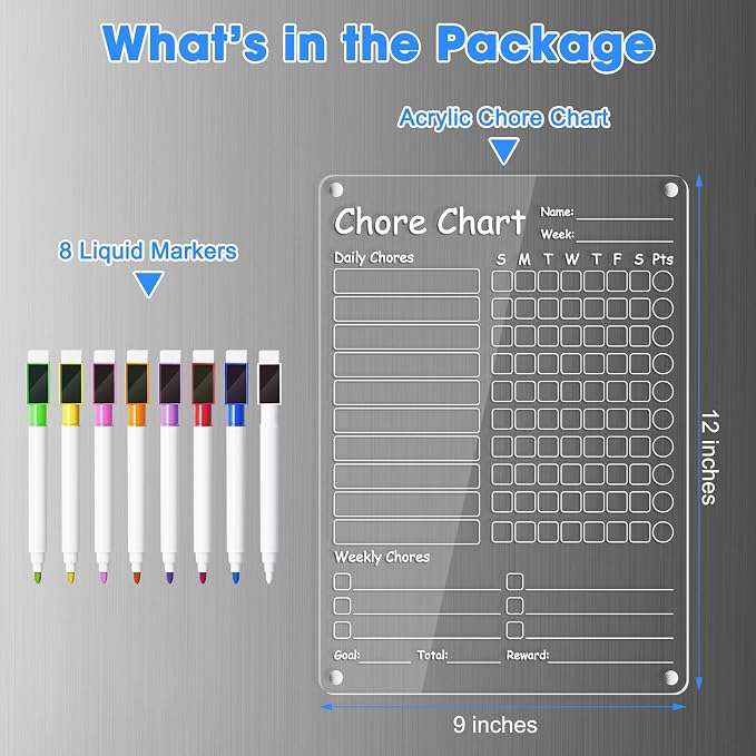 Acrylic Chore Chart Clear Dry Erase Checklist Chore Boars for Family Chores Checklist Reward Chart Responsibility Chart, 12x9'', 1 Pack