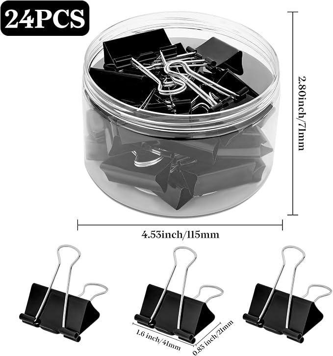 Temiary Binder Clips, Large Metal Binder Paper Clip Black 1.6 Inch, 24 Pcs | Paper Clamps with Clear Storage Container, Binding Paperwork Clamps for School Teachers Office Supplies