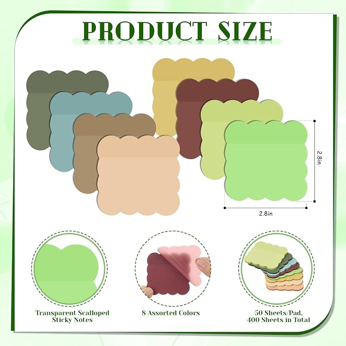Eaasty 400 Sheets Transparent Scalloped Sticky Notes 2.8x2.8 Clear Sticky Notes 8 Pads Cute Wavy Translucent Pads Waterproof See Through Note for Bible Study Annotation School Office(Vintage Tones)