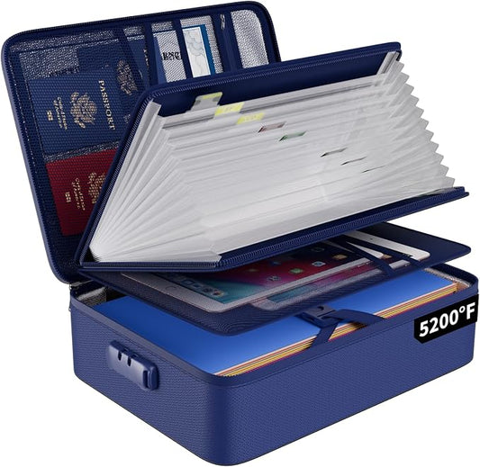 ENGPOW Fireproof Document Organizer Bag with Lock ＆ Accordion File Folder | 5200℉ Multi-Layer File Organizer Box with Lock ,Heat Insulated, Water Resistant, Safe Storage for Home Office Travel, Blue
