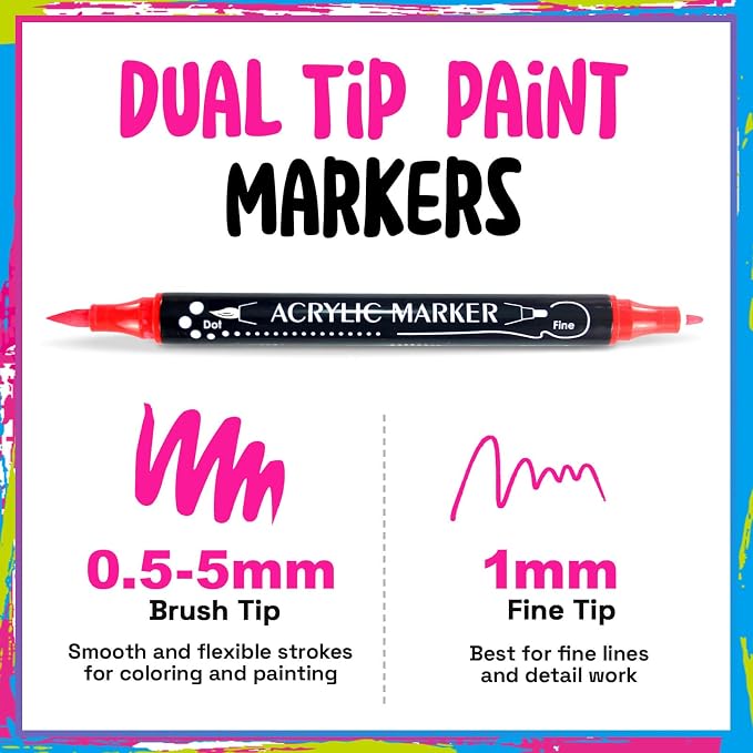 24 Colors Dual Tip Acrylic Paint Markers,Fine Tip and Brush Tip Permanent Acrylic Paint Pens For Rock Painting, Canvas, Wood, Glass, Ceramic, Fabric, Plastic, Egg, Scrapbook,Art Painting Supplies Kit