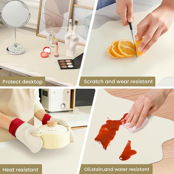 PU Leather Desk Pad, Scalloped Non-Slip Mouse Pad & Large Desk Mat Cover Stitched Edges Writing Pad for Office, Home - Waterproof, Easy to Clean, Durable Surface I 31.4"x15.7", Off-White