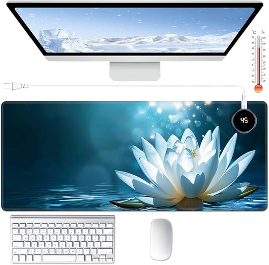 Heated Desk Pad Large Mouse Pad 31.5 x 13 inch with 3 Levels Heating & Auto Shut-Off Warm Mouse pad PU Leather Computer Mousepad for Home Office Work - White Lotus Floral Flower