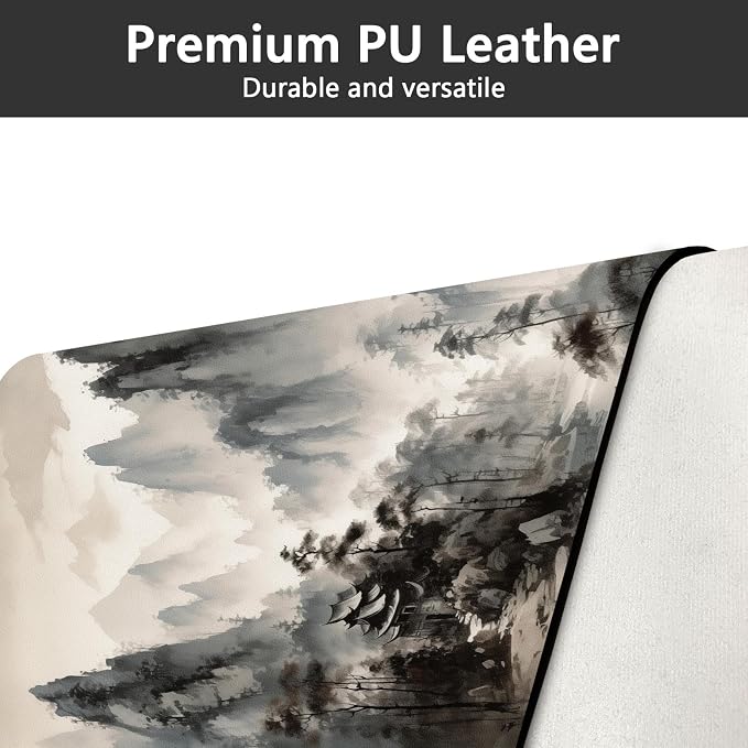 Britimes Pine Trees and Mountains Desk Mat Black and White Ink Painting Deak Pad Non-Slip PU Leather Large Keyboard Mouse Pad Office Desktop Accessories for Office,Work,Home Decor(31.5"X15.7")