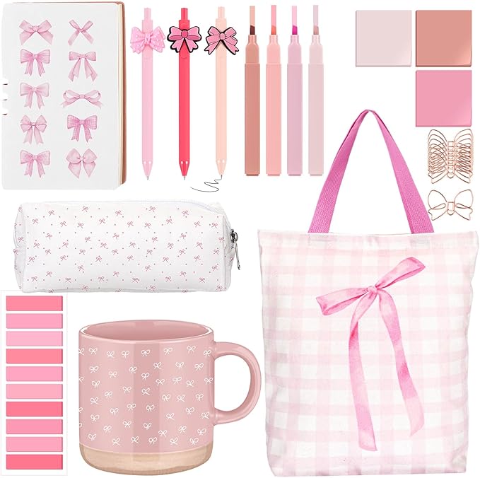 Reallnaive 25 Pcs Pink Bow Gift Set, Coquette Aesthetic School Supplies Gift with Mug, Notebook, Tote Bag, Pens, Highlighters, Stickers & Pencil Pouch, Cute Back to School Gifts for Girl, Women