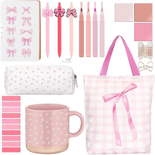 Reallnaive 25 Pcs Pink Bow Gift Set, Coquette Aesthetic School Supplies Gift with Mug, Notebook, Tote Bag, Pens, Highlighters, Stickers & Pencil Pouch, Cute Back to School Gifts for Girl, Women
