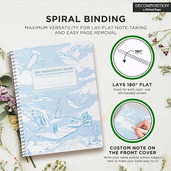 Decomposition Flying Sharks College Ruled Spiral Notebook - 9.75 x 7.5 Journal with 160 Lined Pages - 100% Recycled Paper - Notebooks for School Supplies, Home & Office - Made in USA