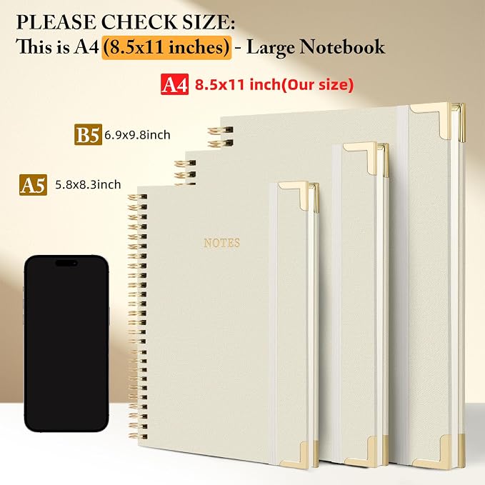 A4(8.5×11'' ) Large Spiral Notebook Journal, 100 Pages 50 Sheets Linen Hardcover College Ruled Journaling For Work & Note Taking Thick Spiral Journal For Writing Daily Journal For Women & Men - White