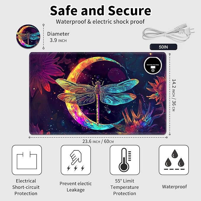 Heated Desk Pad Mouse Pad,Heated Desk Mat,with 3 Heating Levels & 3 Hours Auto Shut-Off,Leather 23.6"*14.2" Gaming Mouse Laptop Mat,Foot Warmer,Glitter Dragonfly Moon