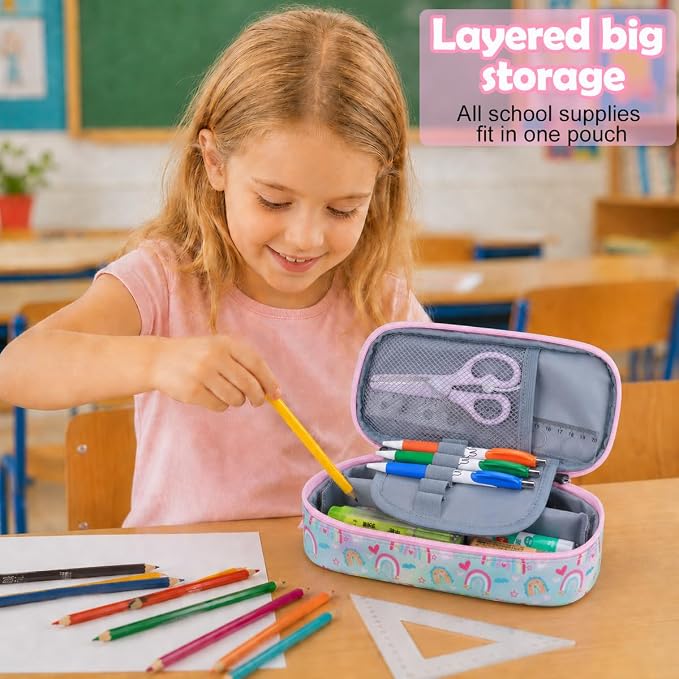 RHCPFOVR Kids Pencil Case for Girls-Soft Zipper Large Capacity Pencil Pouch for Girls Pencil Case for School Pencil Bag for Toddler (Pink-Rainbow)