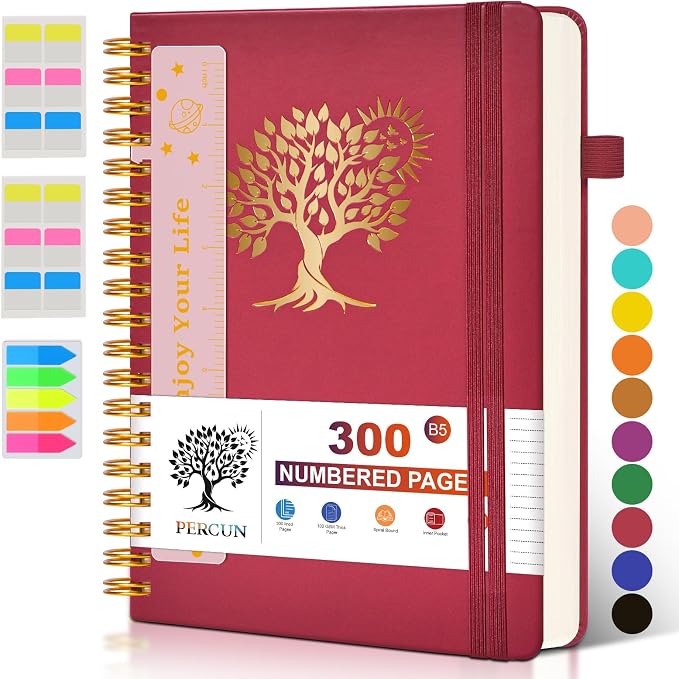 PERCUN B5 Spiral Notebook 300 Numbered Lined Pages Hardcover Journal 7"x10" | College Ruled Spiral Bound Notebook with Tabs, Large Leather Journal for Women Men, Work, School, Travel,Writing,Note Taking