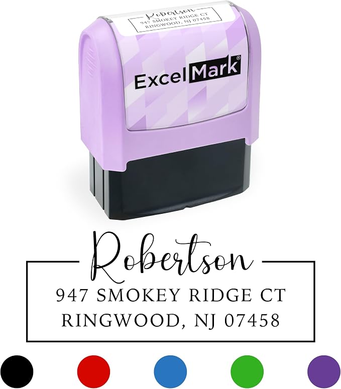 ExcelMark Address Stamp - Custom Return Address Stamp with Elegant Designs, Vibrant Colors & Patterns – Perfect for Mail, Invitations & Gifts (Violet, Signature Frame)