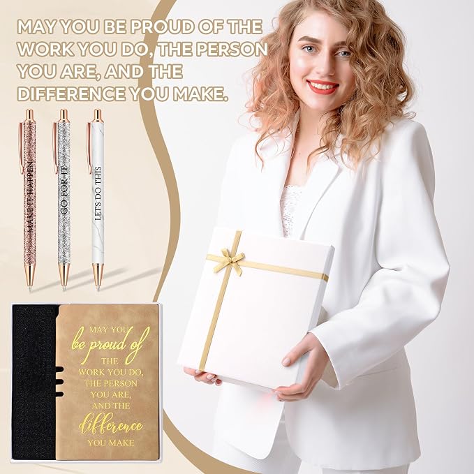 Resurhang 5 Pcs Employee Appreciation Gift Leather Journal Notebook 3 Ballpoint Pens with Box Back to School Thank You Gift for Nurse Volunteer Teacher Secretary Coworker Women(Khaki)