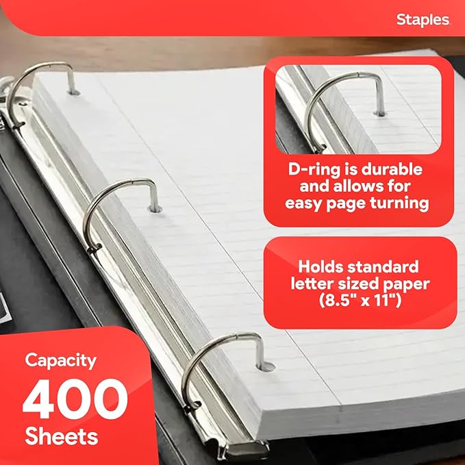 Staples Heavy-Duty 1.5-Inch D-Ring Binder, Black – Large Capacity 3-Ring Binder, Holds Up to 400 Sheets for School & Office