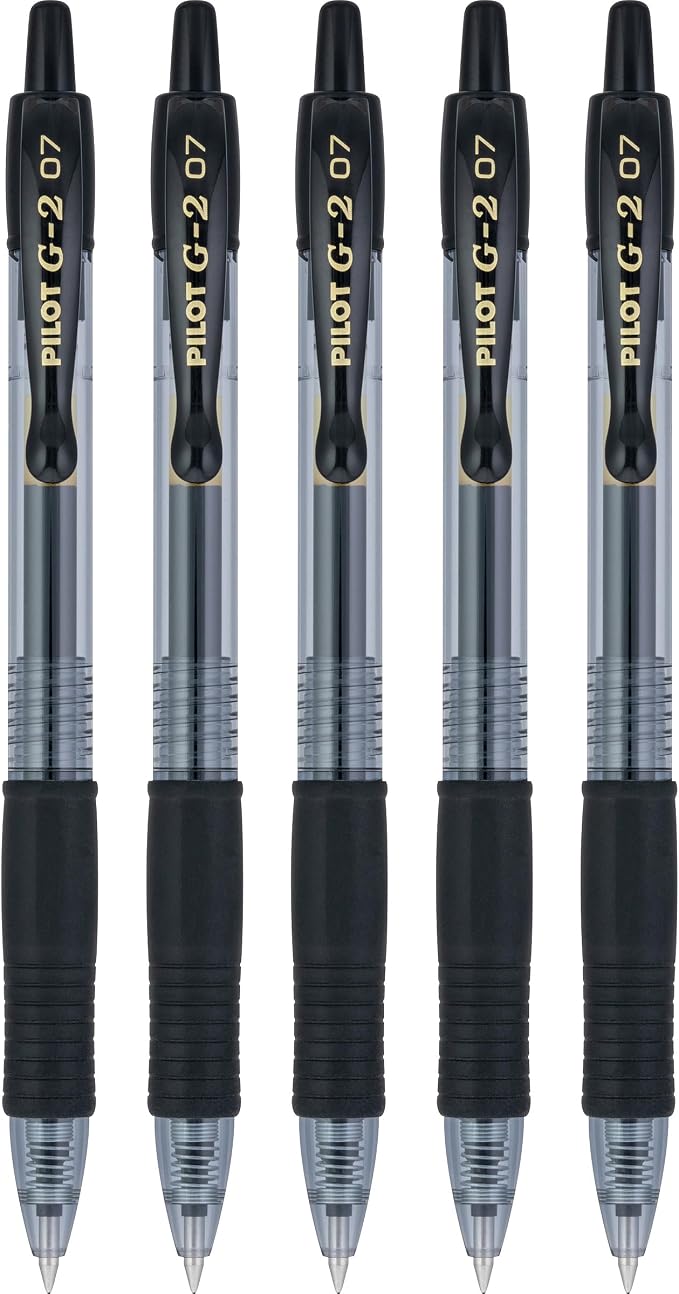Pilot G2 Pens, Premium Refillable and Retractable Rolling Ball Gel Pens, Fine Point, 0.7mm, Black Ink, 5-Pack