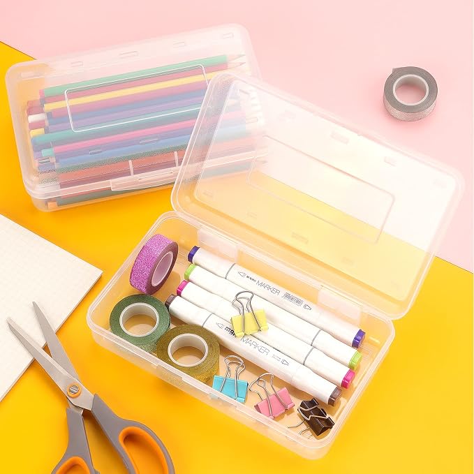 Tamaki 1 Pack Plastic Pencil Box Large Capacity, Clear | Clear Boxes with Snap-tight Lid Stackable Design and Stylish Office Supplies Storage Organizer