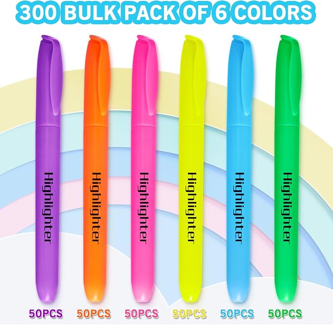 YEGEER Highlighters, Chisel Tip Dry-Quickly Highlighter Markers, 300 Count-6 Assorted Colors Highlighters Bulk Pack for Adult Kids, Office Classroom Must Have, School Supplies for Teachers