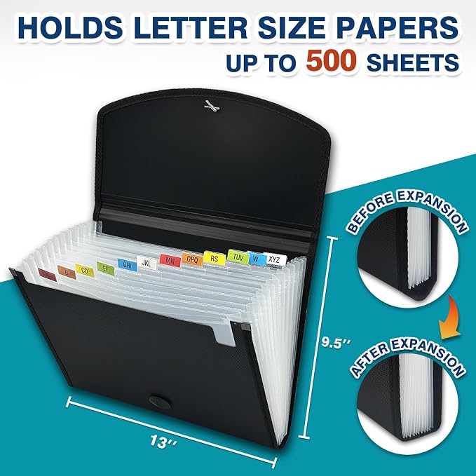 H4D 13-Pocket Accordion File Organizer, Expanding File Folder, Black | Extra Back Mesh Pocket, Letter Size Paper, Pre-Printed and Customizable Labels, Expandable Document Organizer