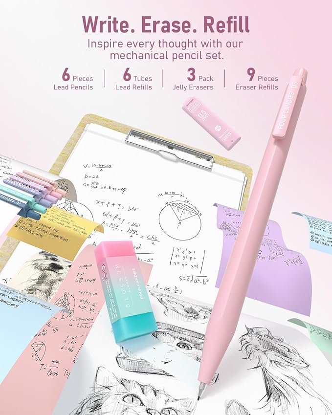 Four Candies School Supplies with Cute Pen Case, 39ct, Pink | Back to School Stationery Set, Essentials for College & Nursing Students, 5 Gel Pens, 6 Mechanical Pencils, 12 Highlighters