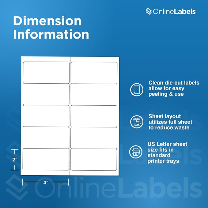 OnlineLabels 4" x 2" Rectangle Mailing Labels - White Matte - 5,000 Sheets | Permanent Adhesive, Blank Rectangle Labels, Inkjet and Laser Compatible, Ideal for Mailing & Address Labels