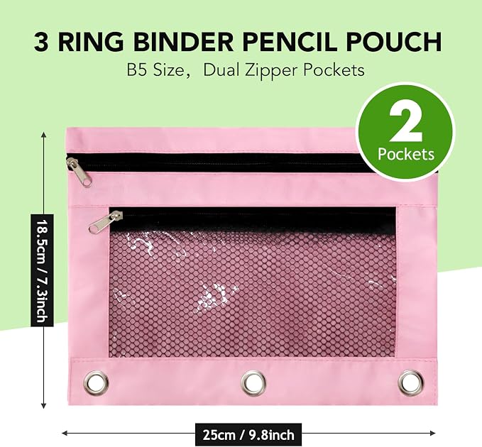 Pencil Pouch for 3 Ring Binder, Heavy Duty Canvas Dual Zipper Pen Bag with Clear Window, Smooth Metal Zipper, Fit Standard 3-Ring Binders for School Office Travel Supplies (Pink)