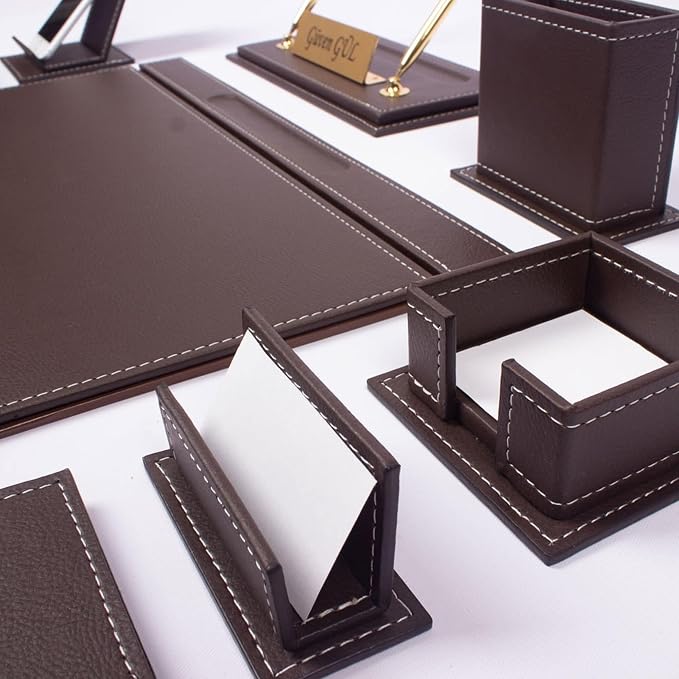 Leather Desk Organizer - 14 PCS Bonded Leather Desk Set - Home & Office Accessories - Brown