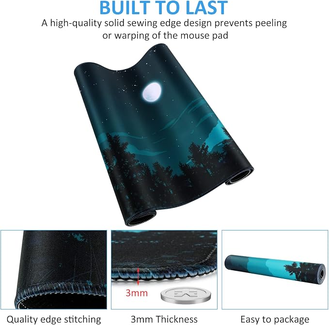 iCasso Extended Gaming Mouse Pad (35.4x15.7 in), Large 3mm Non-Slip Rubber Base Mousepad with Stitched Edges, Waterproof Keyboard Mouse Mat Desk Pad for Work, Game, Office, Home - Silent Night