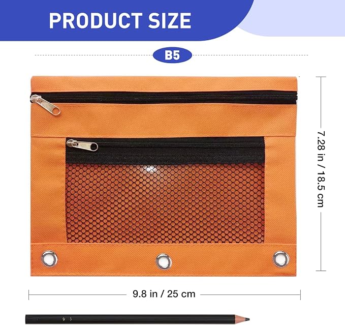 Pencil Pouch for 3 Ring Binder - 3 Hole Zipper Pen Case Bag Holder Bulk Accessories Clear Window Aesthetic Organizer Pockets