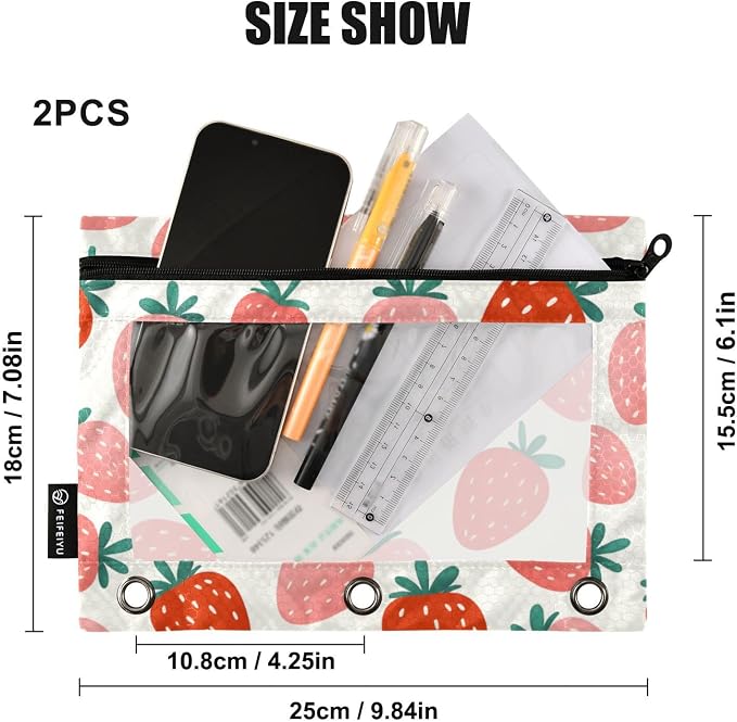 ALAZA Pencil Pouch for 3 Ring Binder, Fruit Strawberry Binder Pencil Pouches with Clear Window Zipper Pencil Case Cosmetic Bags for Office College Supplies, 2PCS