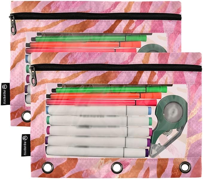 ALAZA Pencil Pouch for 3 Ring Binder, Pink Tiger Stripes Print Binder Pencil Pouches with Clear Window Zipper Pencil Case Cosmetic Bags for Office College Supplies, 2PCS