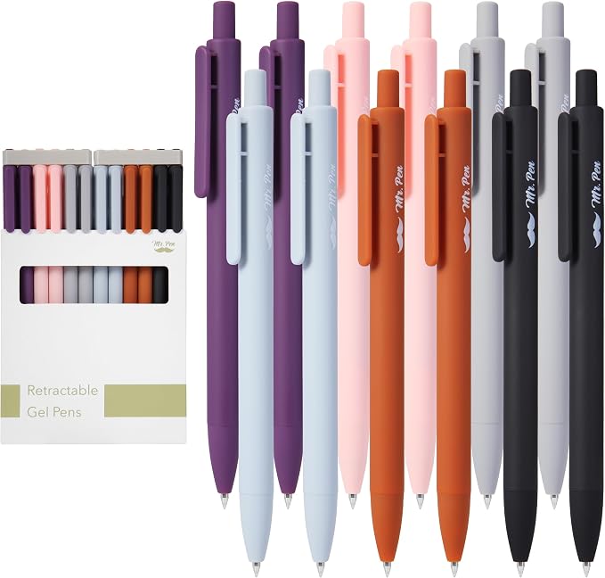 Mr. Pen- Retractable Gel Pens, 12 Pack, Black Ink, Earthly Neutrals Barrel | Fine Point 0.5mm, Fast Dry, Smooth Writing, Cute Pens for Drawing, Writing Planner and School Supplies