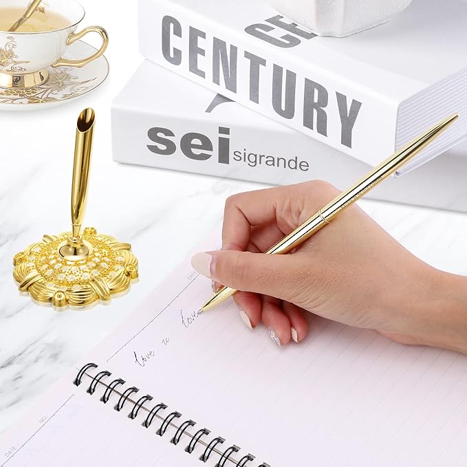 Hollow Round Pen Holder Signing Pen Set for Wedding Bridal Engagement Valentine's Day Favors,Golden