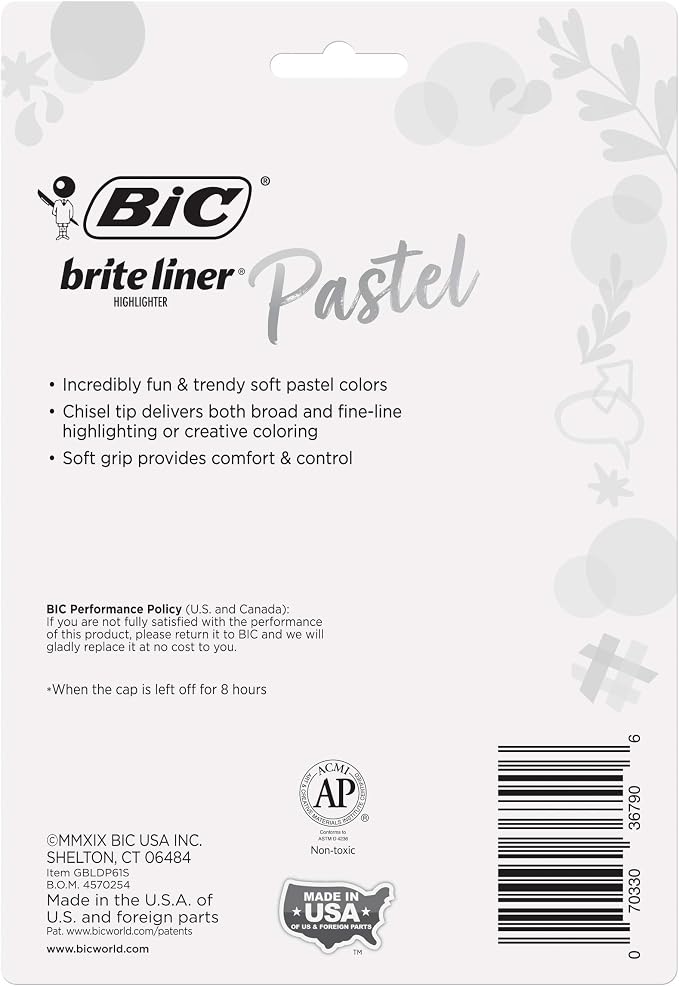 BIC Brite Liner Grip Pastel Highlighter Set, Chisel Tip, 6-Count Pack of Pastel Highlighters in Assorted Colors, Cute Highlighters for Bullet Journaling, Note Taking and More (Pack of 3)